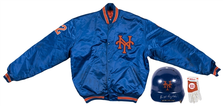 Lot of (3) Circa 1987 Kevin McReynolds Game Used & Signed New York Mets Dugout Jacket, Batting Helmet & Batting Glove (JT Sports & Beckett) 